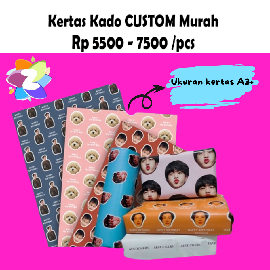 

Cetak Kertas Kado Custom Wajah dan Tulisan Ukuran A3+ Wrapping Papper Murah Bandung