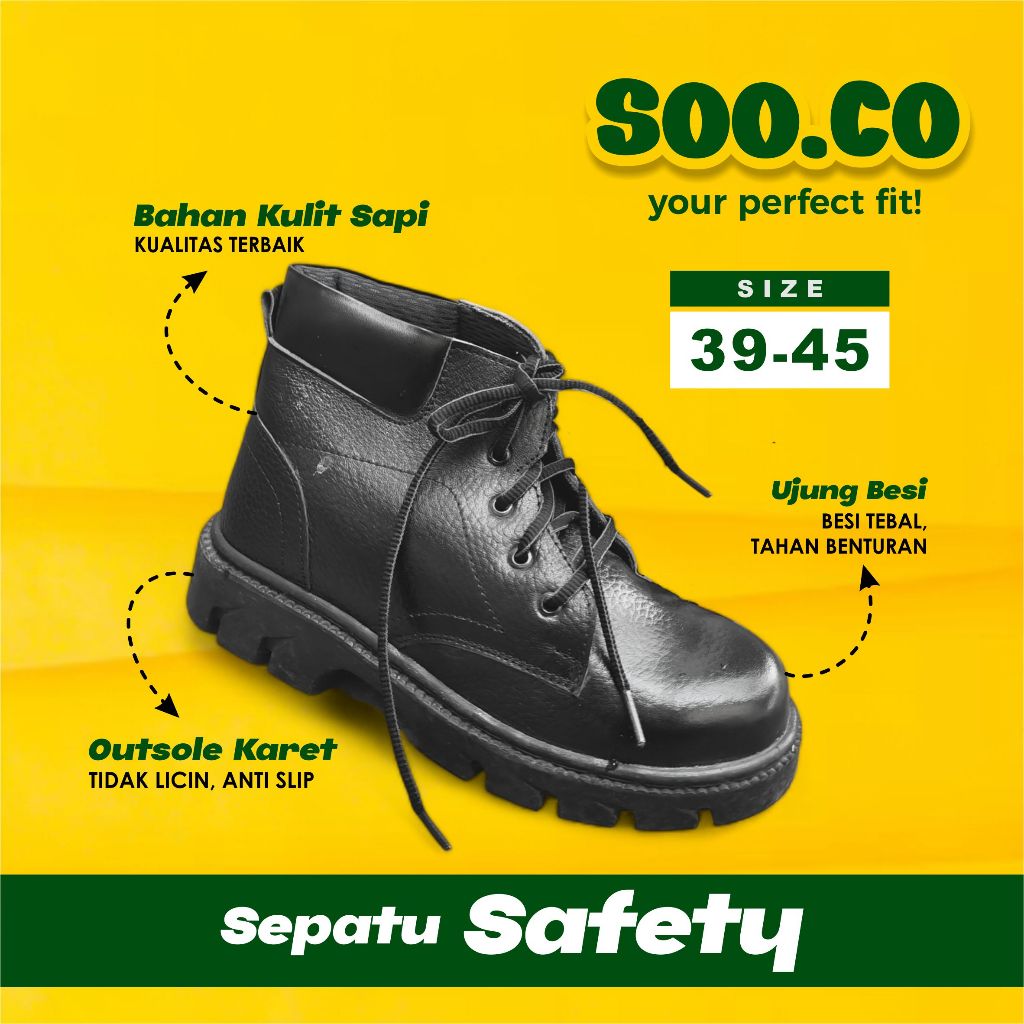 SOO.CO | SEPATU SAFETY SEFTY SEPTI BOOTS TINGGI UJUNG BESI KULIT ASLI TALI HITAM SAFETY SHOES