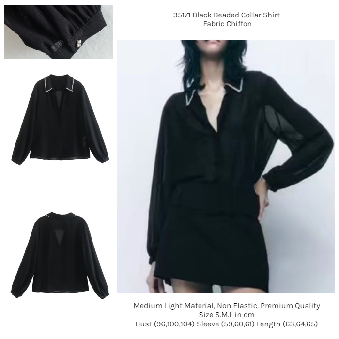 Kemeja Hitam Sifon Wanita Lengan Panjang Black Beaded Collar Blouse 35171