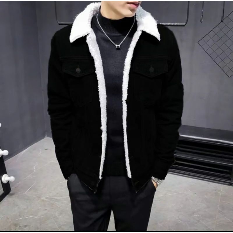 JAKET JEANS DENIM SHERPA BLACK BULU LEMBUT