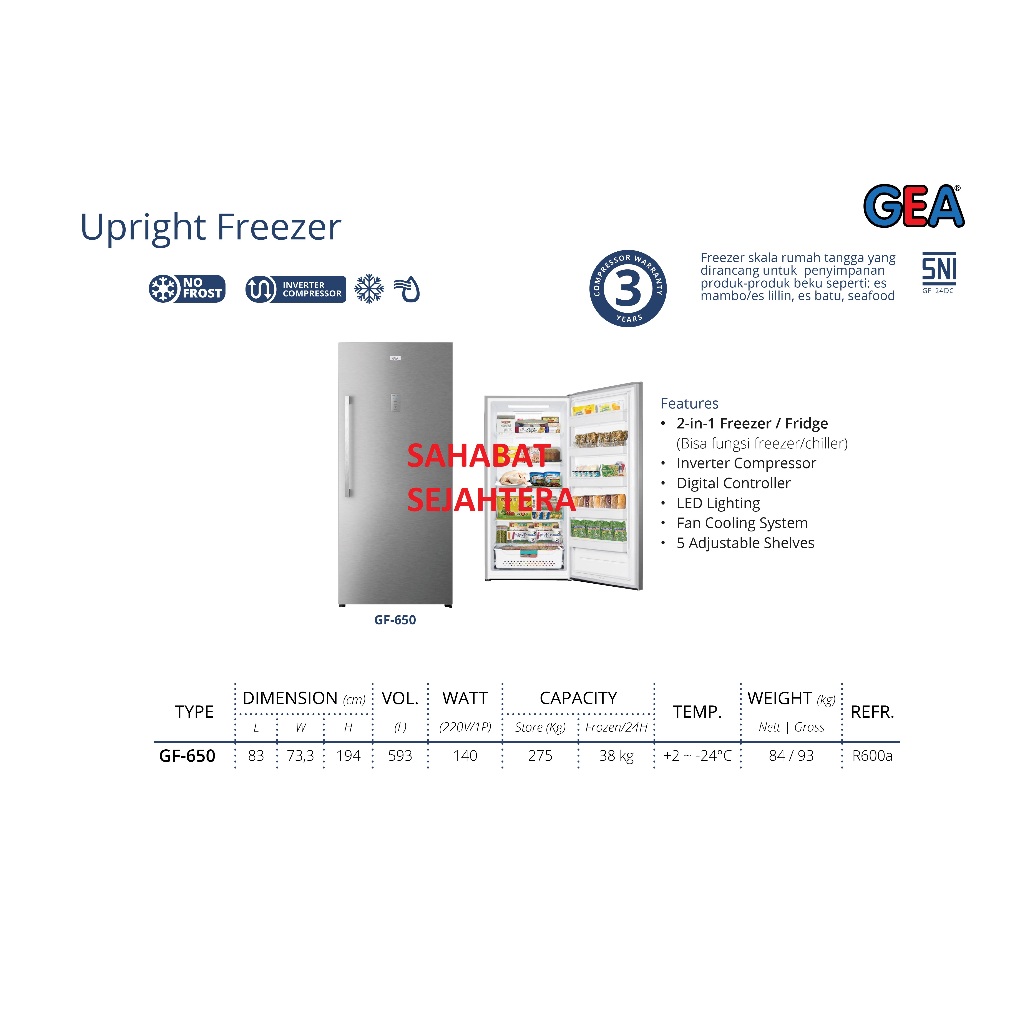 GEA Upright Freezer GF-650 Kulkas Berdiri 1 Pintu