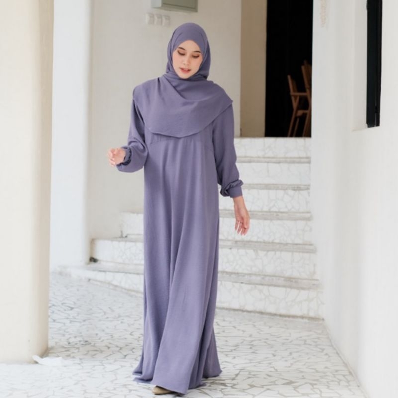 Pussat ❤️ Mazaya Set Gamis Syar'i + Pashmina Syar'i  Crinkle Airflow Premium Ritsleting Depan Busui 