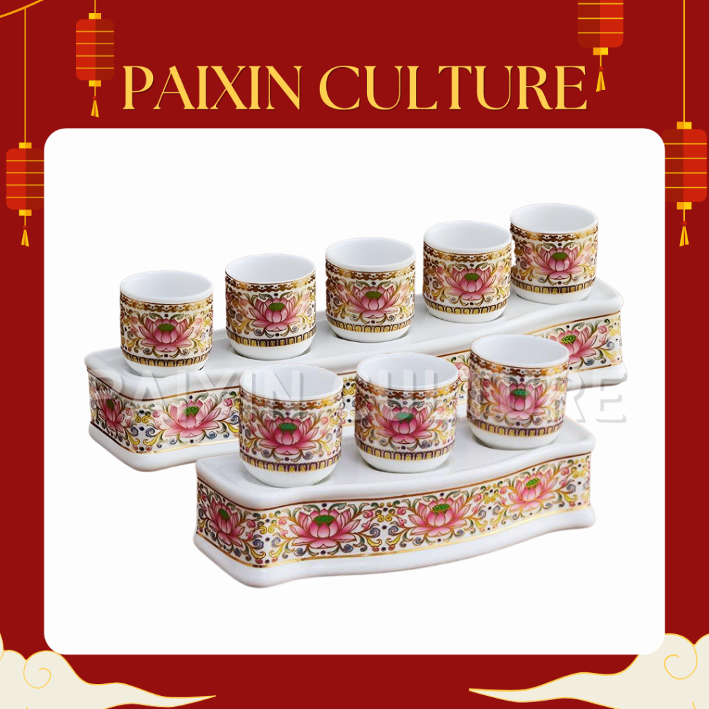 Cangkir Keramik Set Altar Sembahyang / Cangkir set Keramik Putih Motif Teratai /Lianhua Pink