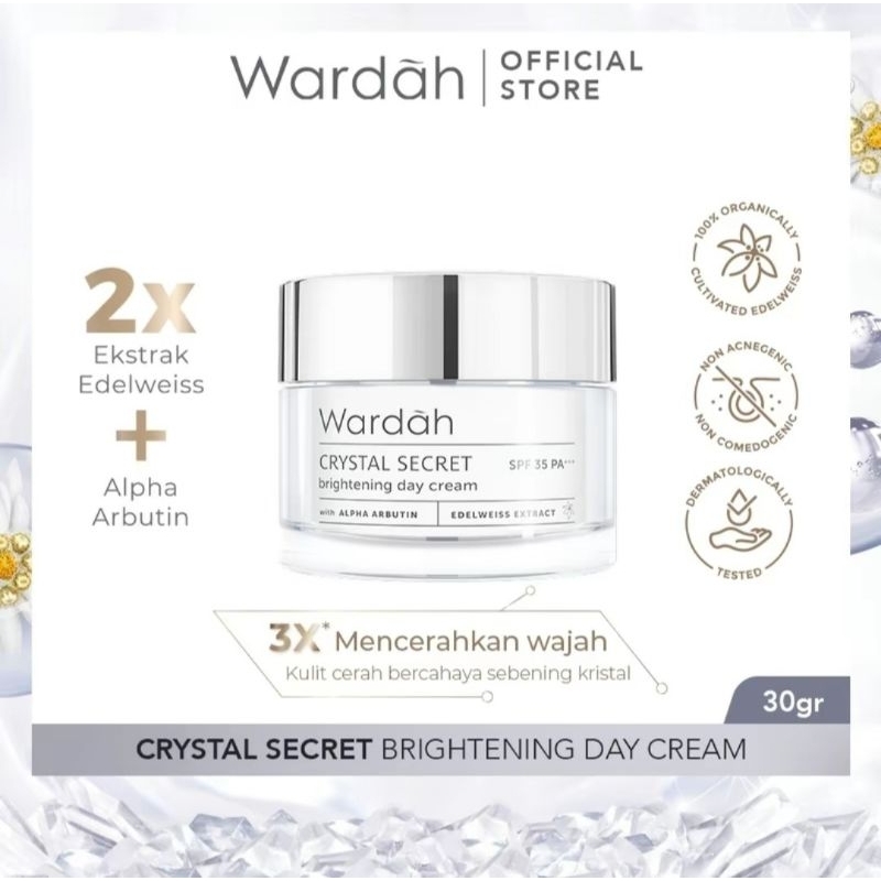 Wardah Crystal Secret Brightening Day Cream 30g - Pelembab Siang & malam dengan Ekstrak Edelweiss da