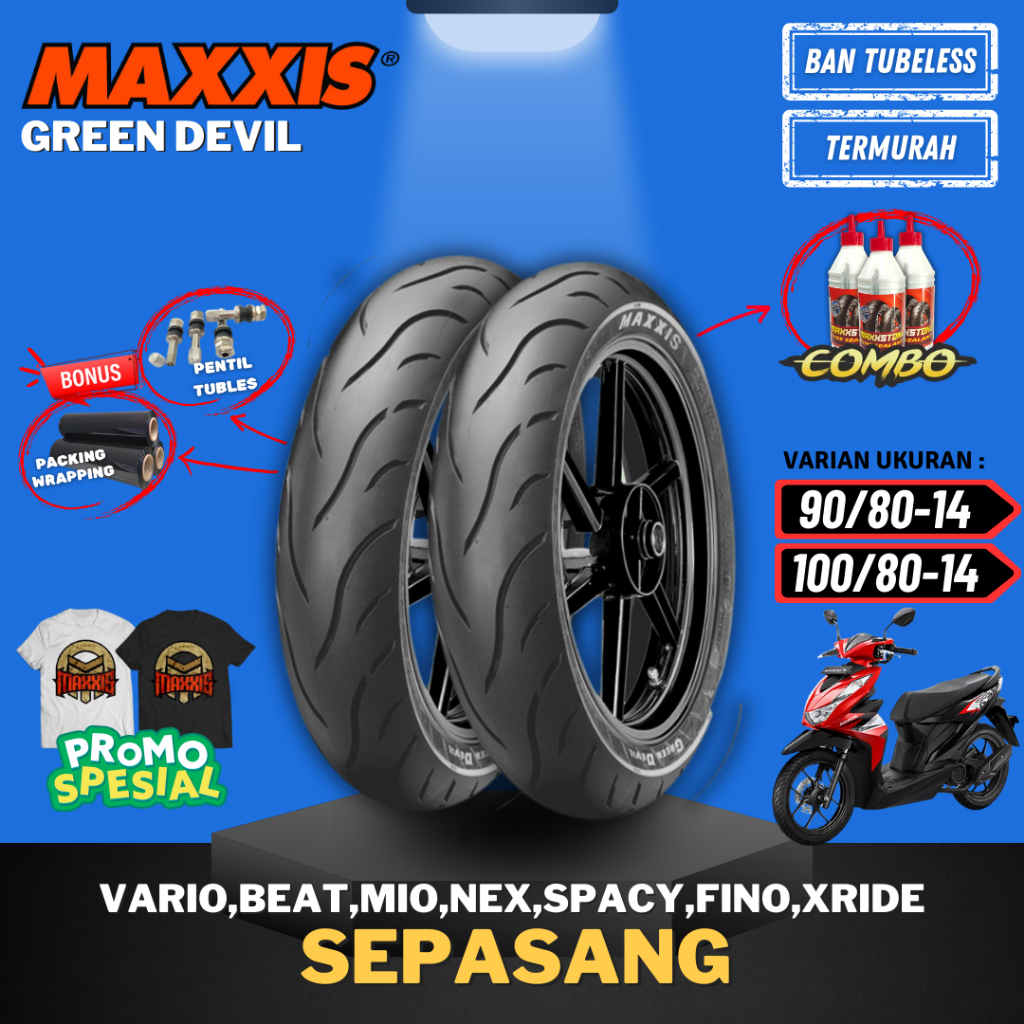 [PAKET SEPASANG MURAH] BAN MAXXIS GREEN DEVIL RING 14 ( 90/80-14 & 100/80-14 ) / BAN MAXXIS RING 14 