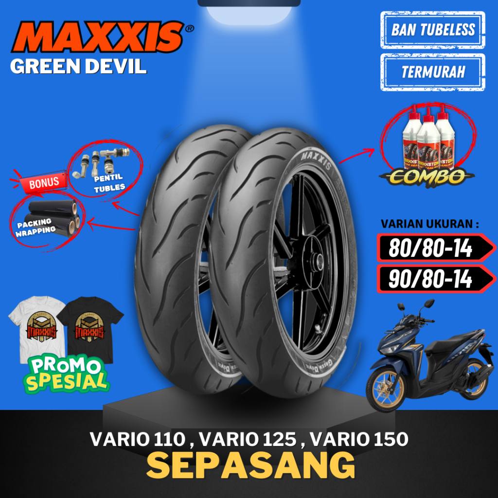 PROMO [PAKET SEPASANG MURAH] BAN MAXXIS GREEN DEVIL RING 14 ( 80/80-14 & 90/80-14 ) / BAN MAXXIS