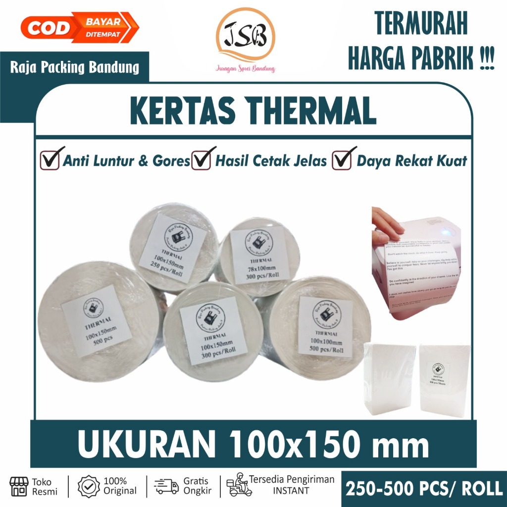 

Kertas Thermal 100x150 mm isi 250-500 lembar per Roll | Label Thermal | Kertas Printer Thermal | Stiker Cetak Resi Pengiriman | Label
