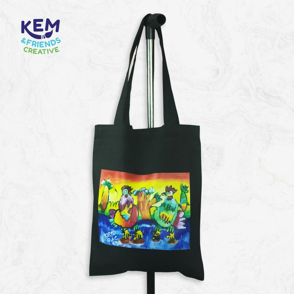 Totebag Kanvas Twill Hitam Printing DTF / Bisa Custom Desain / Totebag Kanvas Tebal Premium