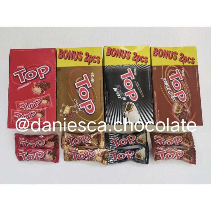 

Sekotak Delfi top 9 gr isi 24 pcs FREE 2 pcs coklat triple chocolate strawberry black in white ( SCP )