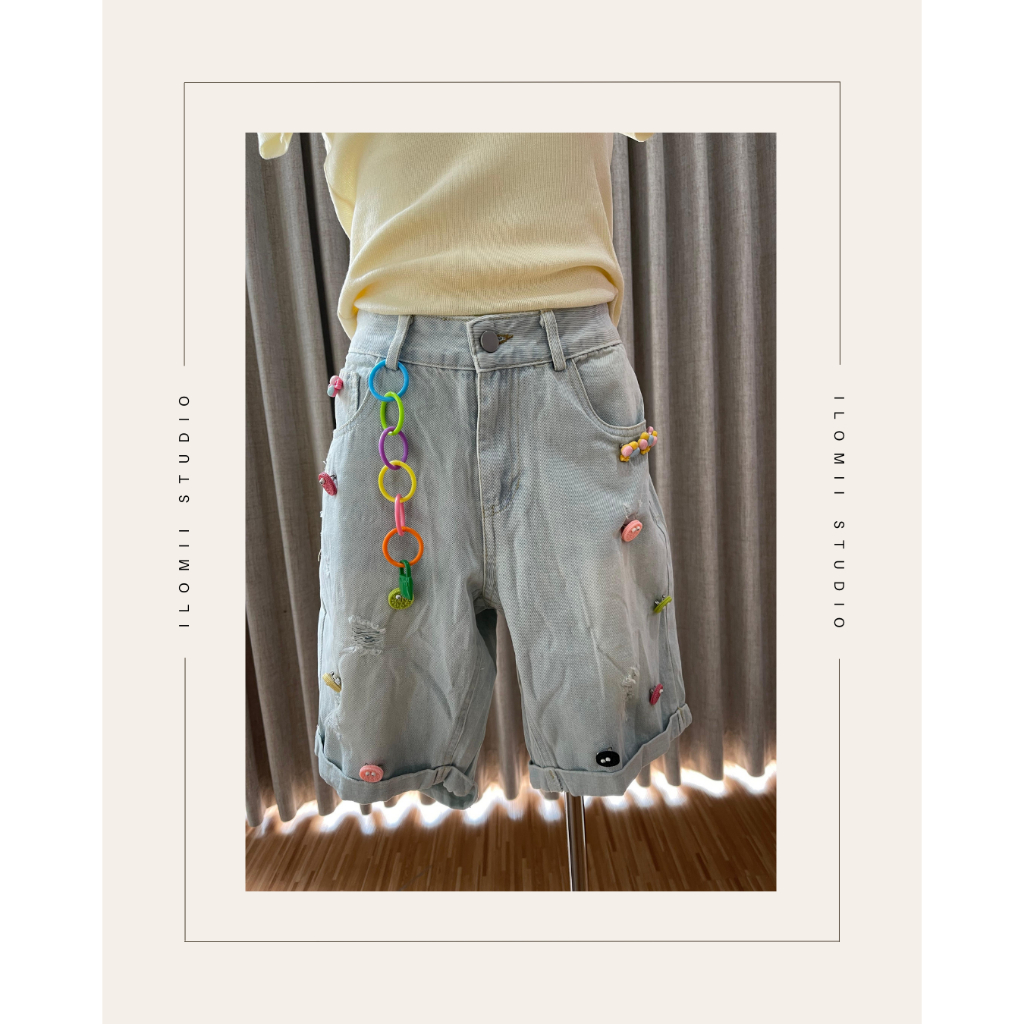 Celana Jeans Denim Pendek 3/4 Wanita Korea Biscuit Pin