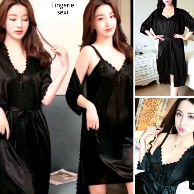 Terbaik Baju Tidur Wanita Dewasa Lingerie Sexi Kimono Tricot 2 In 1Bahan Satin