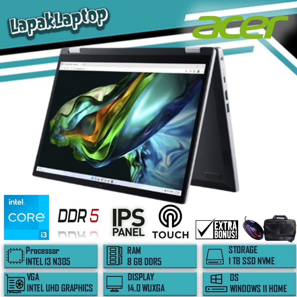 Laptop TouchScreen Acer Aspire 3 Spin 14 Intel Core i3 N305 Ram 8GB 1TB Ssd Ips Panel Windows 11