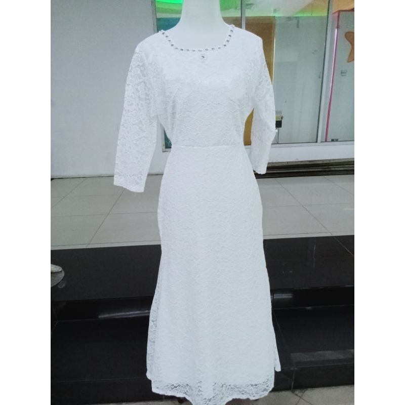 gaun panjang putih longdress bahan full brokat gliter mewah khusus putih lengan 3/4 balon lengan 7/8