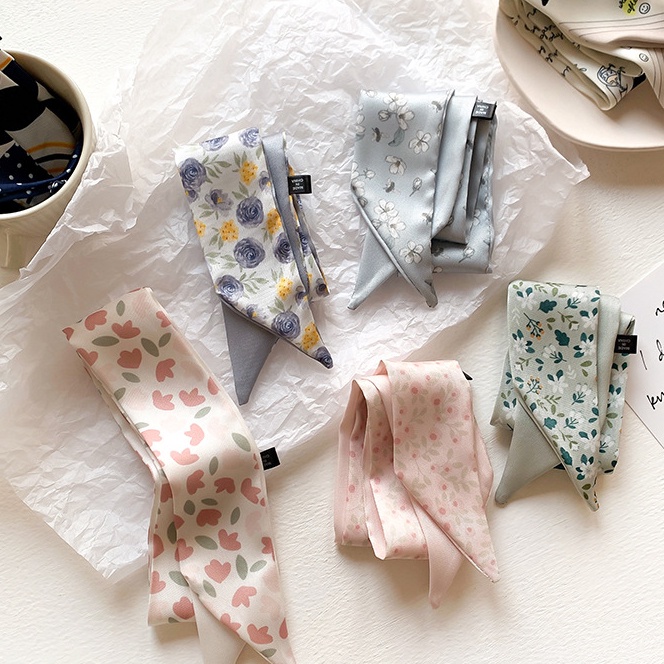Langka KOREAN TWILLY MOTIF BUNGA SILK SATIN SCARF BAG SHAWL RIBBON STYLE BASIC FLOWER SOFT PASTEL HA