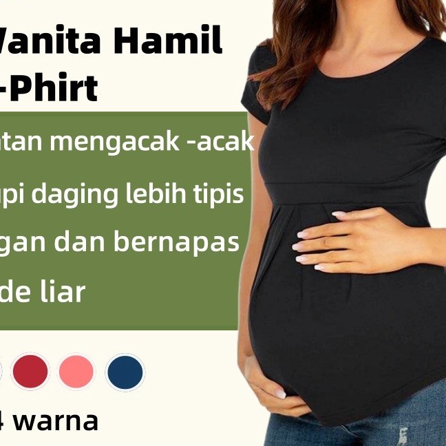 KI3 Baju Hamil Wanita hamil t phirt Jumbo Ibu Kaos Polos Size Lipatan mengacak acak Lengan pendek At