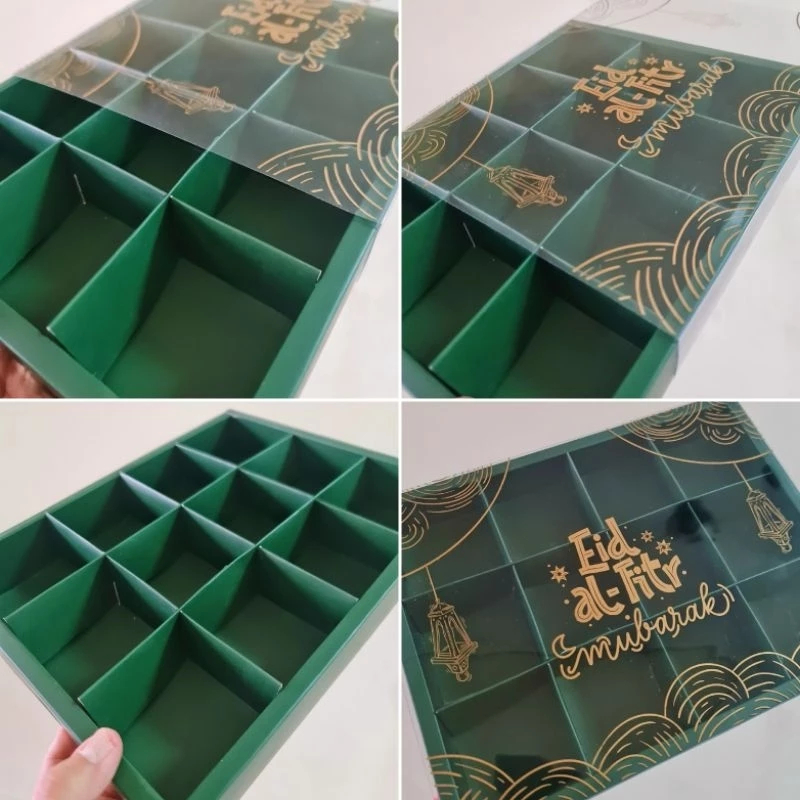 

( 5 pcs ) dus mika edisi idul fitri kemasan kue kering box hijau tua sekat 12 eid mubarak ukuran 7.3x7.3x4.5 cm