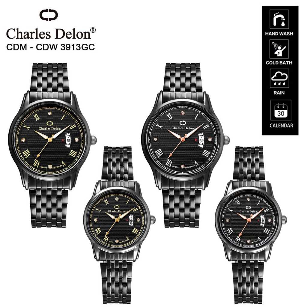 Official CHARLES DELON Watch Free Box Original Jam Tangan Rantai Couple Pria Wanita Analog Kalender 
