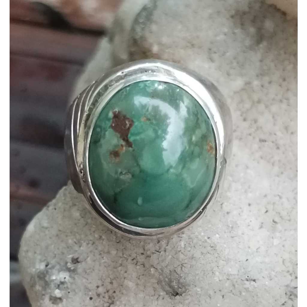 Natural Pirus Hubei Hijau Tosca Jenong Ring Perak 925 HM Tebal