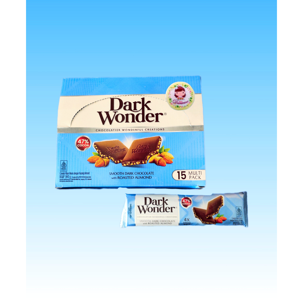 

.Sekotak Dark Wonder Chocolate Almond 47% Cocoa 56 gr isi 15 pcs (ds bgr)