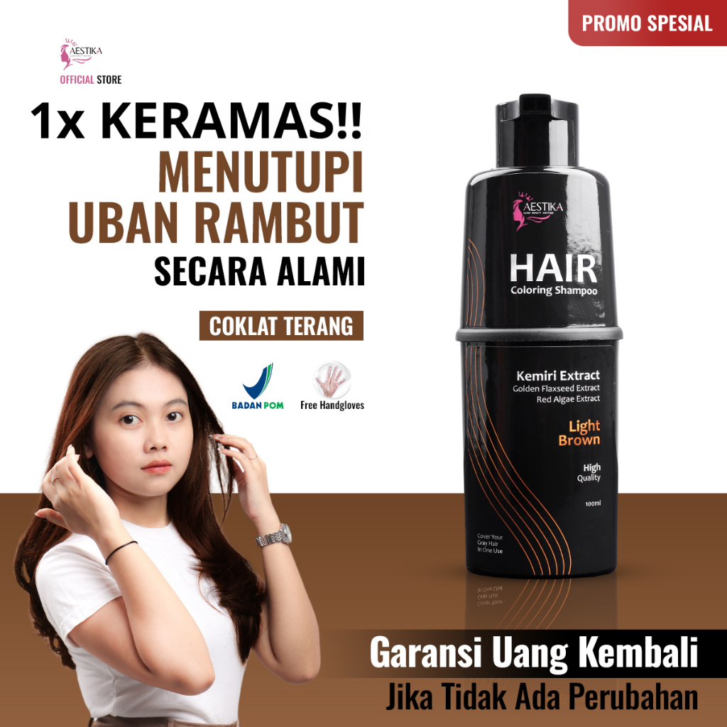 Aestika Light Brown - Shampo Penghilang Uban, Shampo Pewarna Rambut Coklat Terang. Original BPOM