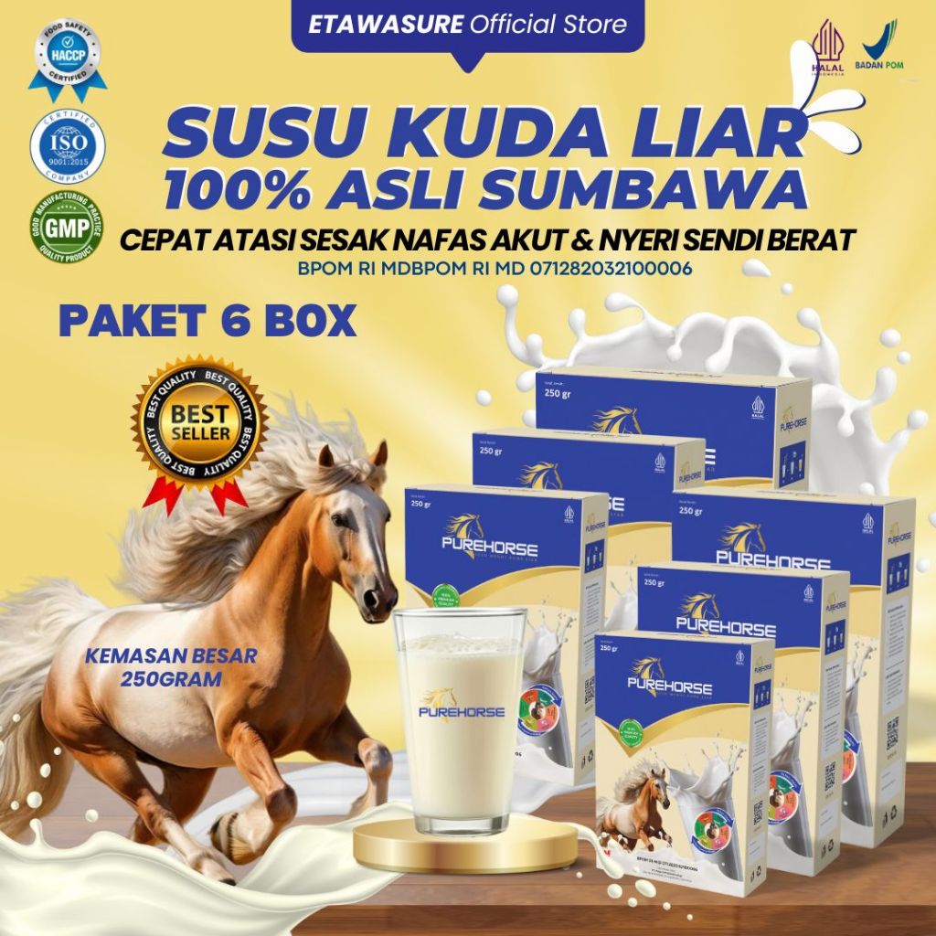 

Susu Kuda Pure Horse 100% Original dari Sumbawa Untuk Keluhan Sesak Nafas Akut dan Nyeri Sendi Berat Kemasan 250gram Paket 6 Box