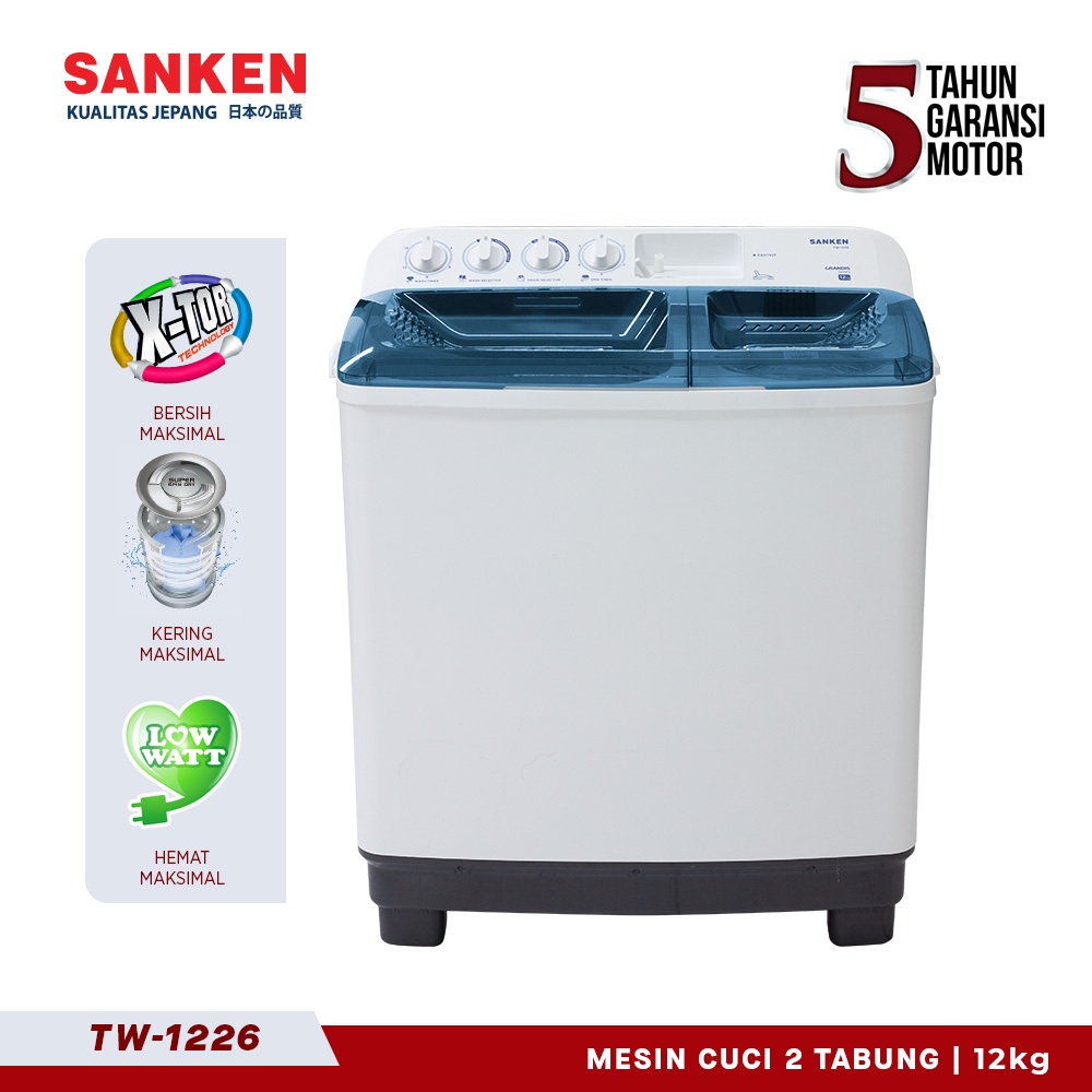 Sanken Mesin Cuci 2 Dua Tabung 12Kg TW-1226 Double Wash Tray