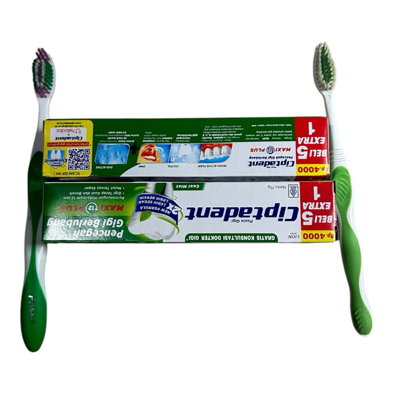 sikat gigi pasta gigi ciptadent 75gram paket 2 pcs gratis 2 sikat gigi