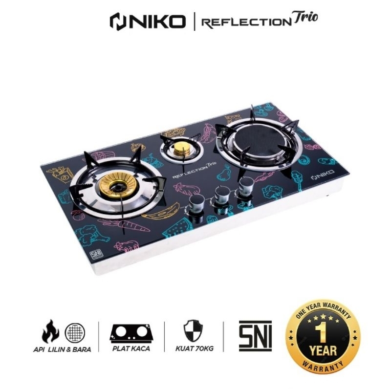 KOMPOR GAS NIKO 3 TUNGKU REFLECTION TRIO TIGA FUNGSI BARA, API, LILIN - BISA TANAM dan DUDUK