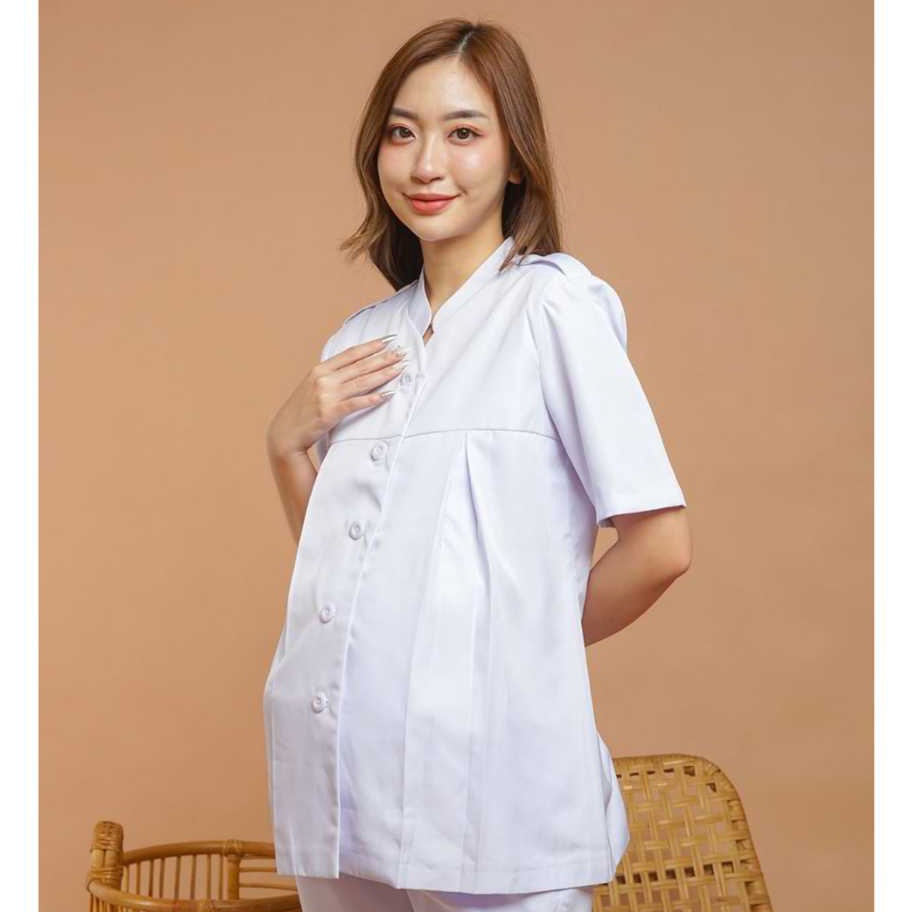 KI3 Baju Kerja Dinas PutihPutih Hamil Perawat Tangan Pendek Wanita Setelan Celana Panjang Katun