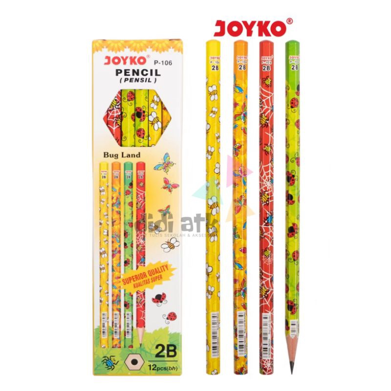 

Pensil Pencil 2B Joyko P-106 Bug Land Hexagonal Grip 1 Pak Isi 12 Pcs