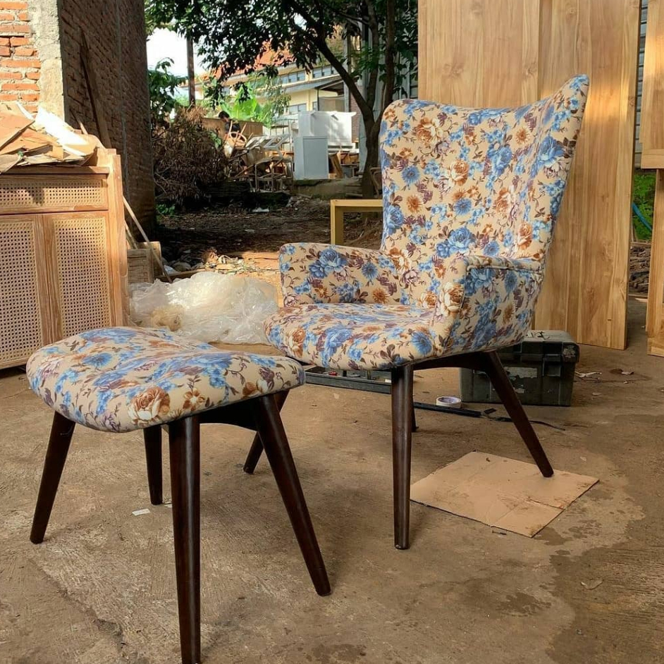 Sofa kayu jati retro + stool - Sofa minimalis kayu jati solid