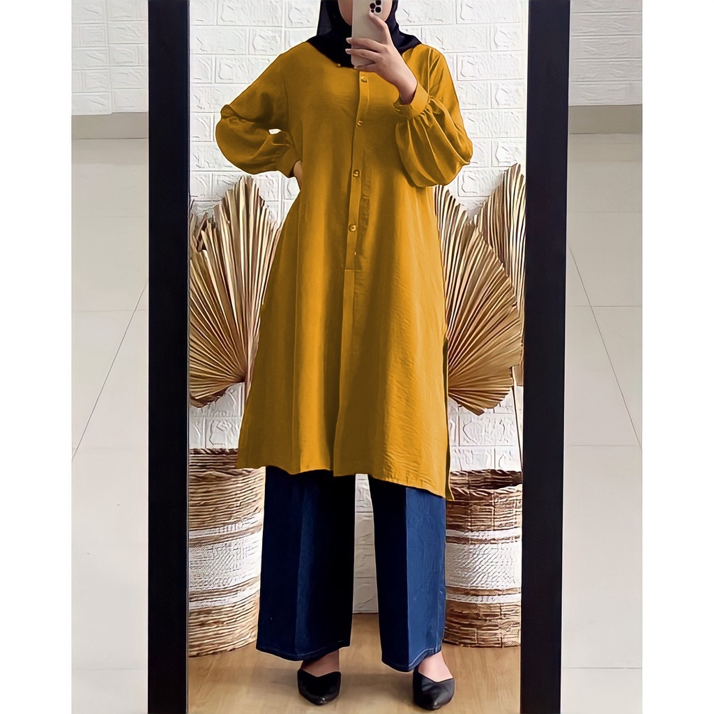 Tunik Atasan Wanita Cantik Panjang Motif Polos Lengan Balon Shakilla Twill Premium