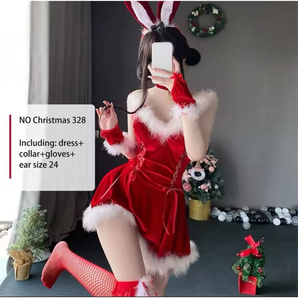 Christmas Cosplay Costume Dresses Women Santa Velvet Bunny Girl Lingerie Christmas Halloween Party C