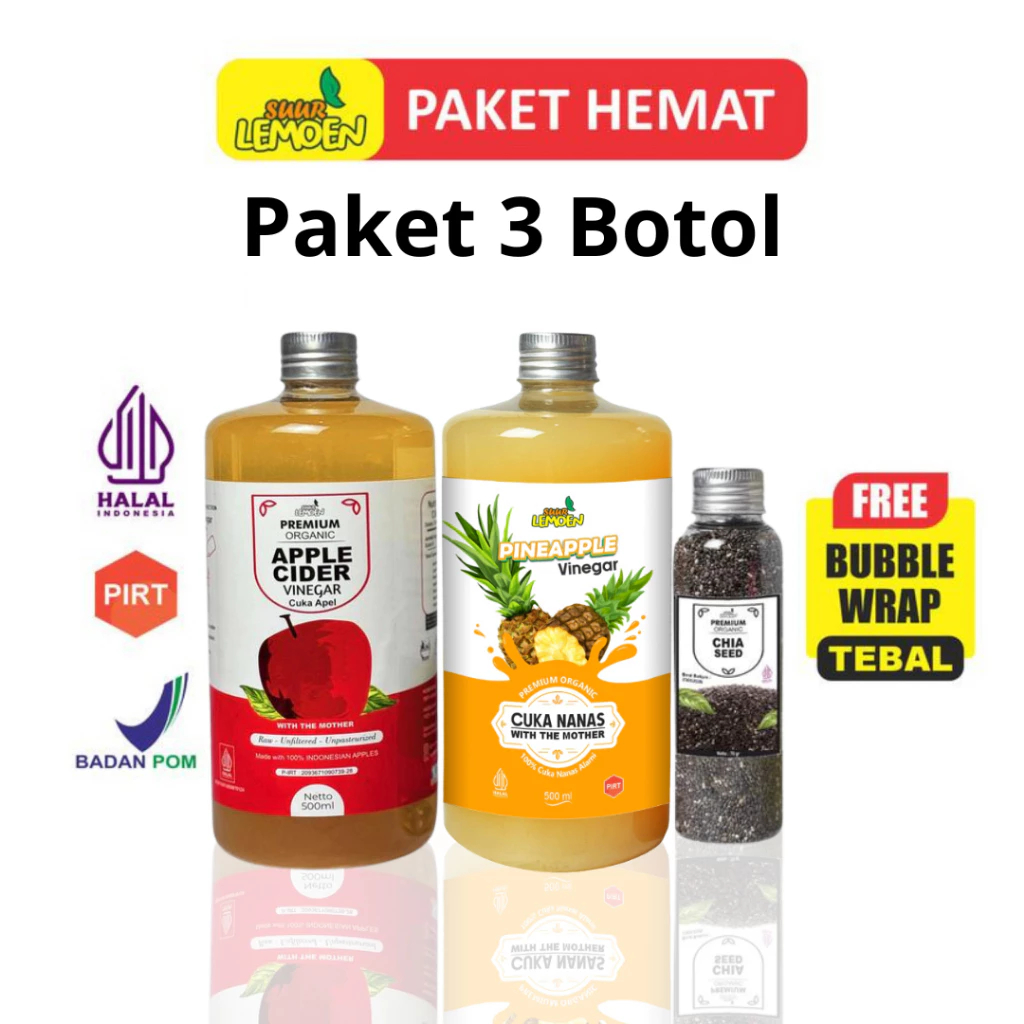 

Paket Diet Sehat - Cuka Apel 500ML, , Cuka Nanas 500 ml dan Chia Seeds 70Gr - By Reina herbal shop