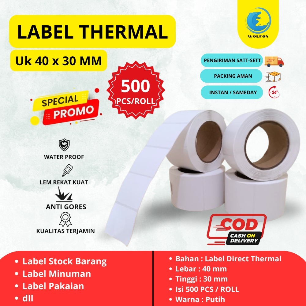 

KERTAS THERMAL 40X30 ISI 500 LABEL STIKER BARCODE