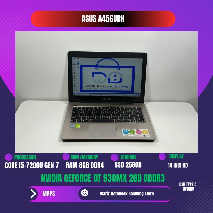 ASUS A456URK CORE I5-7200U NVIDIA GT 930MX RAM 8GB SSD 256GB 14inci MULUS