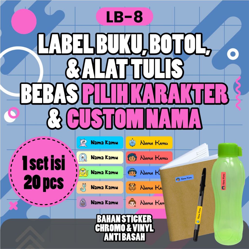 

LB8 Sticker Nama Label Sticker Anak Tema Karakter Stiker buku Isi 20pcs Gratis Custom Nama