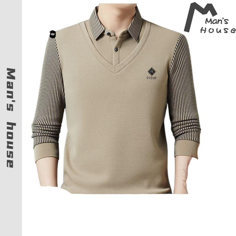 Kemeja Polo Pria, Kemeja Palsu Dua Potong Kerah Polo Tebal Kelas AtasTBaju Kaos