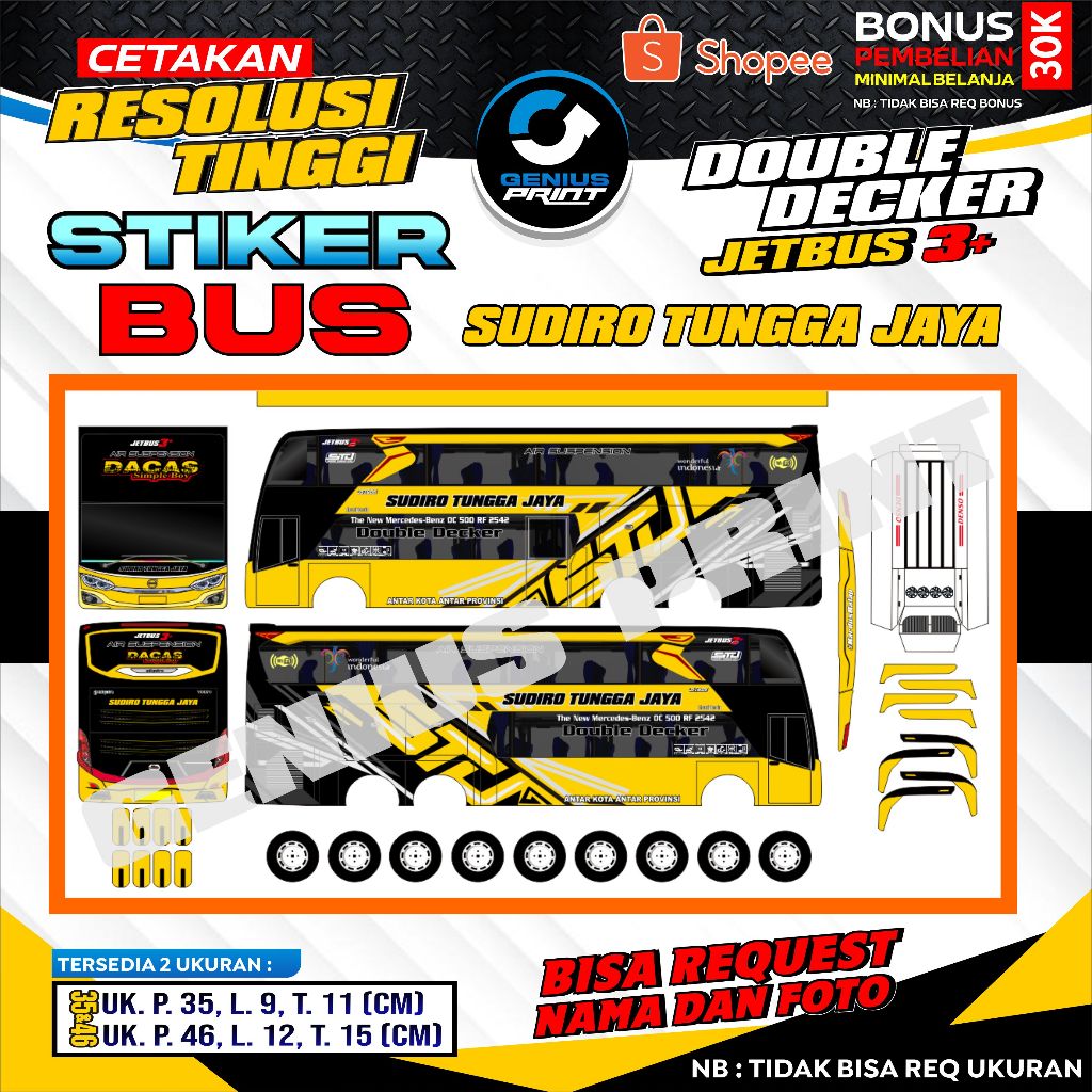 Stiker Mainan Miniatur Bus DOUBLE DECKER JETBUS 3+  Sudiro Tungga Jaya (STJ) Uk. 35/46cm