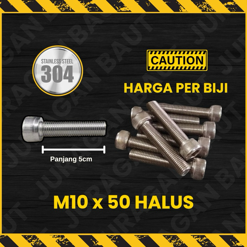 BAUT L STAINLESS  M10 X 50 M10x50 PITCH 1.25 DRAT HALUS SETARA BAUT KUNCI 14 PANJANG 50 MM 5 CM