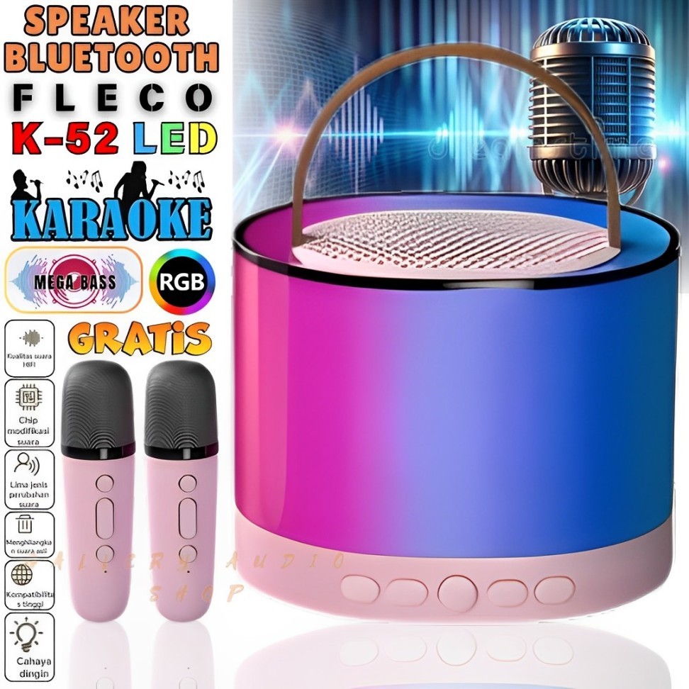 Speaker Bluetooth Portable Fleco K-52 Bonus 2 Mic Wireless | Speaker Karaoke Mini RGB LED Speaker Bl