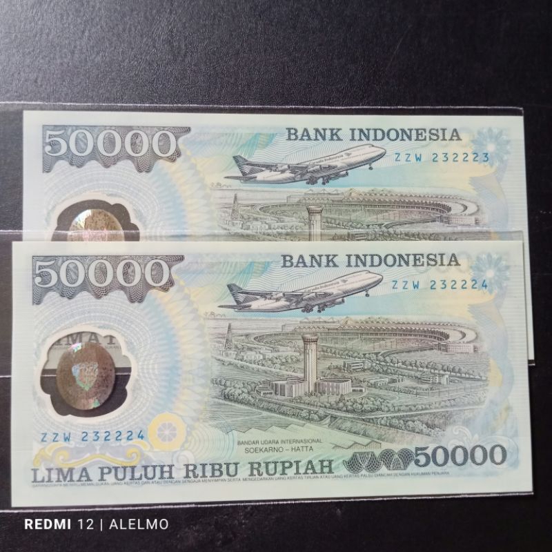 2 lembar no seri urut uang plastik 50000 suharto tahun 1993 baru gres