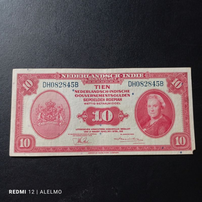 uang kertas kuno 10 gulden nica tahun 1943 bagus baik asli