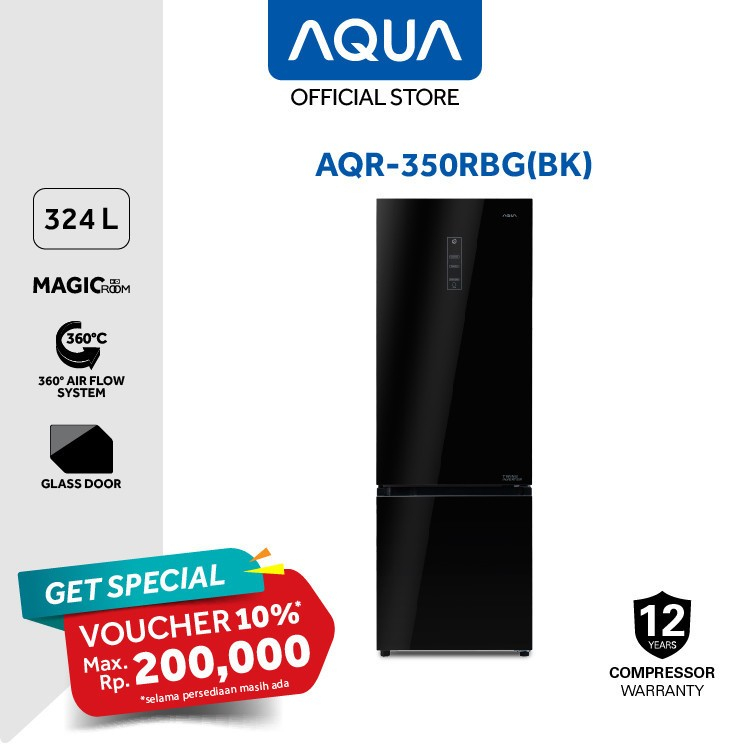 AQUA Elektronik AQR-350RBG(BK) 2 Doors Refrigerator bottom freezer Inverter khusus batam