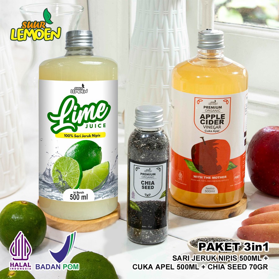 

Paket Diet Sehat - Cuka Apel 500ML, ,Sari Nipis 500ml dan Chia Seeds 70Gr - By reina herbal shop