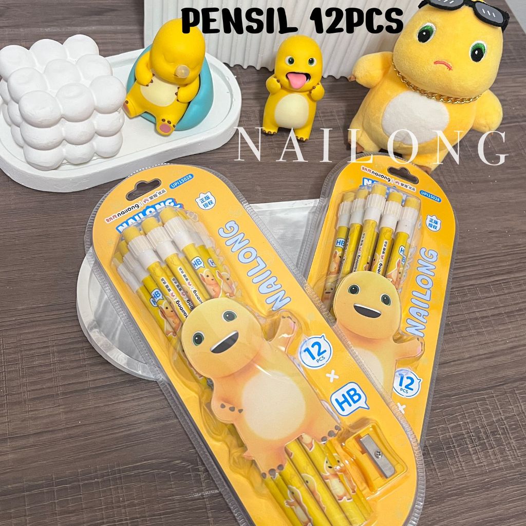 

NAILONG 12 PCS Pensil + Rautan Anak Cowok Motif NAILONG Dino Kuning Lucu Premium Quality