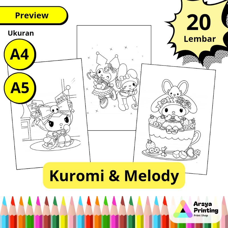 

20 Lembar Kertas Mewarnai Anak Lucu Tema Kuromi & Melody Ukuran A4 A5