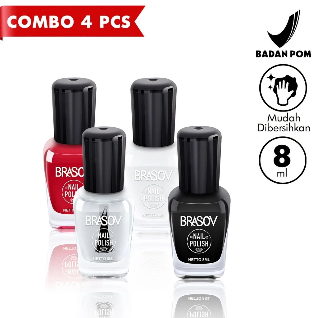 BRASOV Kutek / Cat Kuku 8 ML 4 Pcs Nail Polish Poles Kuku Kutex XX-CT Hitam & Putih & Merah & Clear 