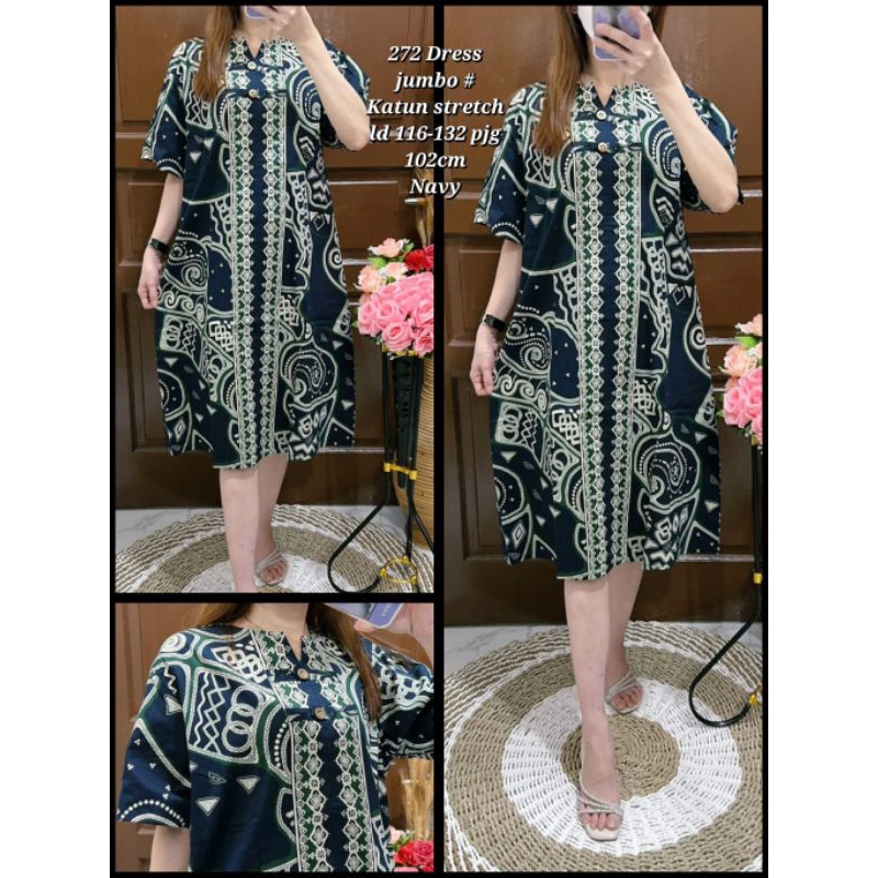 272 Dress Katun Stretch Jumbo Wanita/Baju Batik Katun Stretch Wanita BigSize