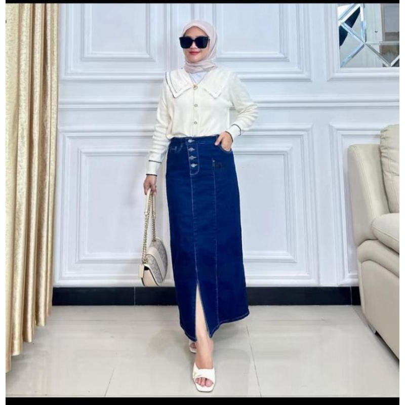 Alesya Rok jeans / rok panjang skirt jeans belah samping / rok kancing samping